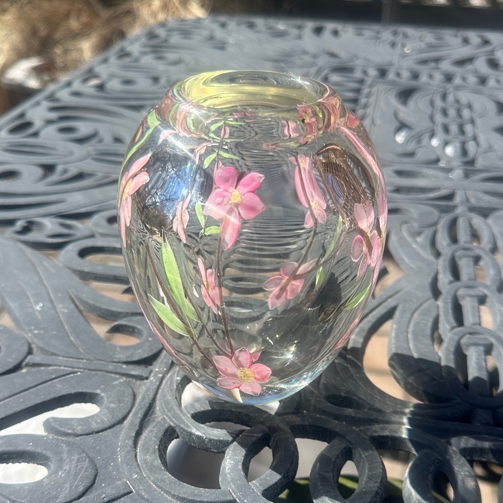 Gorgeous handpainted double walled hand blown glass paperweight vase.
